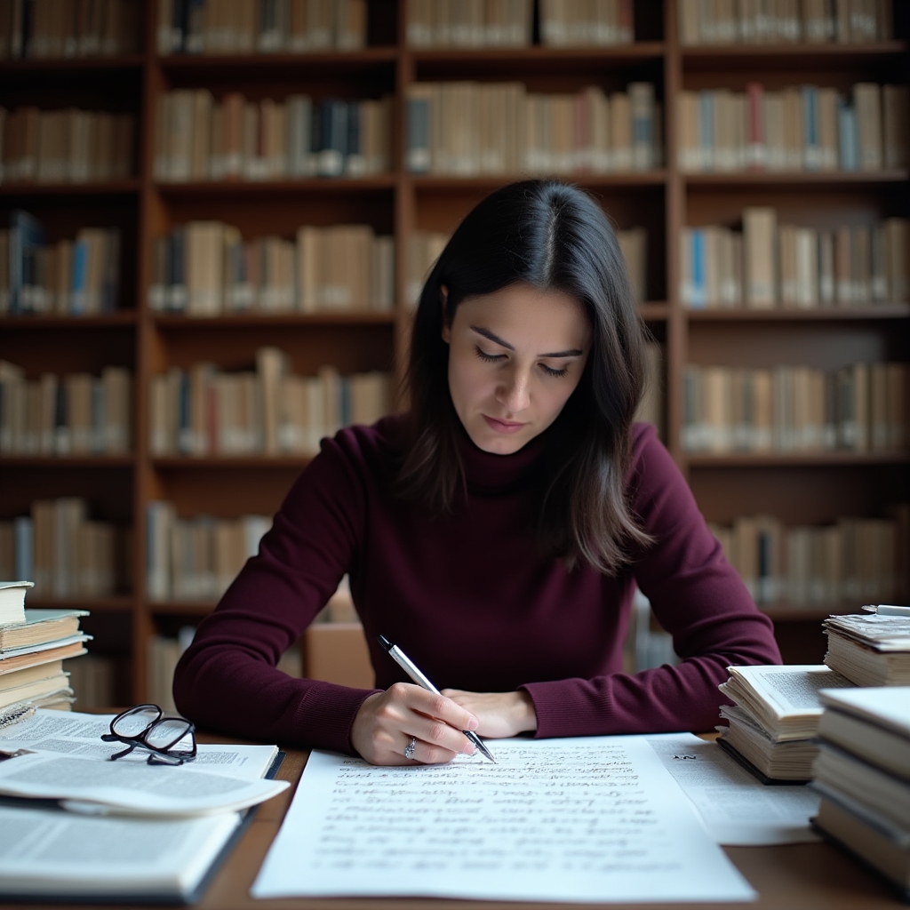 Cercetător care studiază tipare și diagrame cognitive într-o bibliotecă universitară