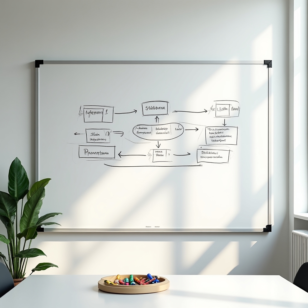 Diagramă pe tablă albă reprezentând un sistem de comportament restructurat, cu săgeți și conexiuni